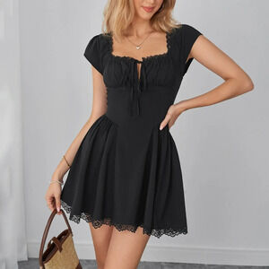 Zara Summer Tencel Slub Lace Patchwork Hollow Out Tie Waist Slim Mini Dress